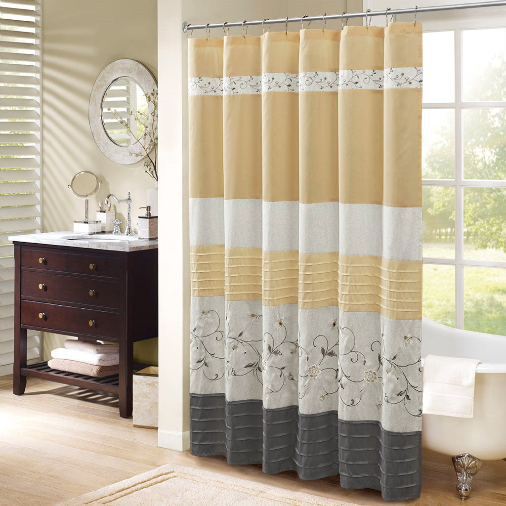 Madison Park Serene Faux Silk Embroidered Floral Shower Curtain - Yellow - 72x72"
