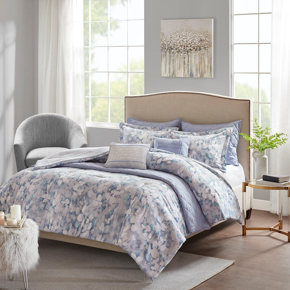 Madison Park Erica 8 Piece Printed Seersucker Comforter and Coverlet Set Collection - Blue - King Size / Cal King Size