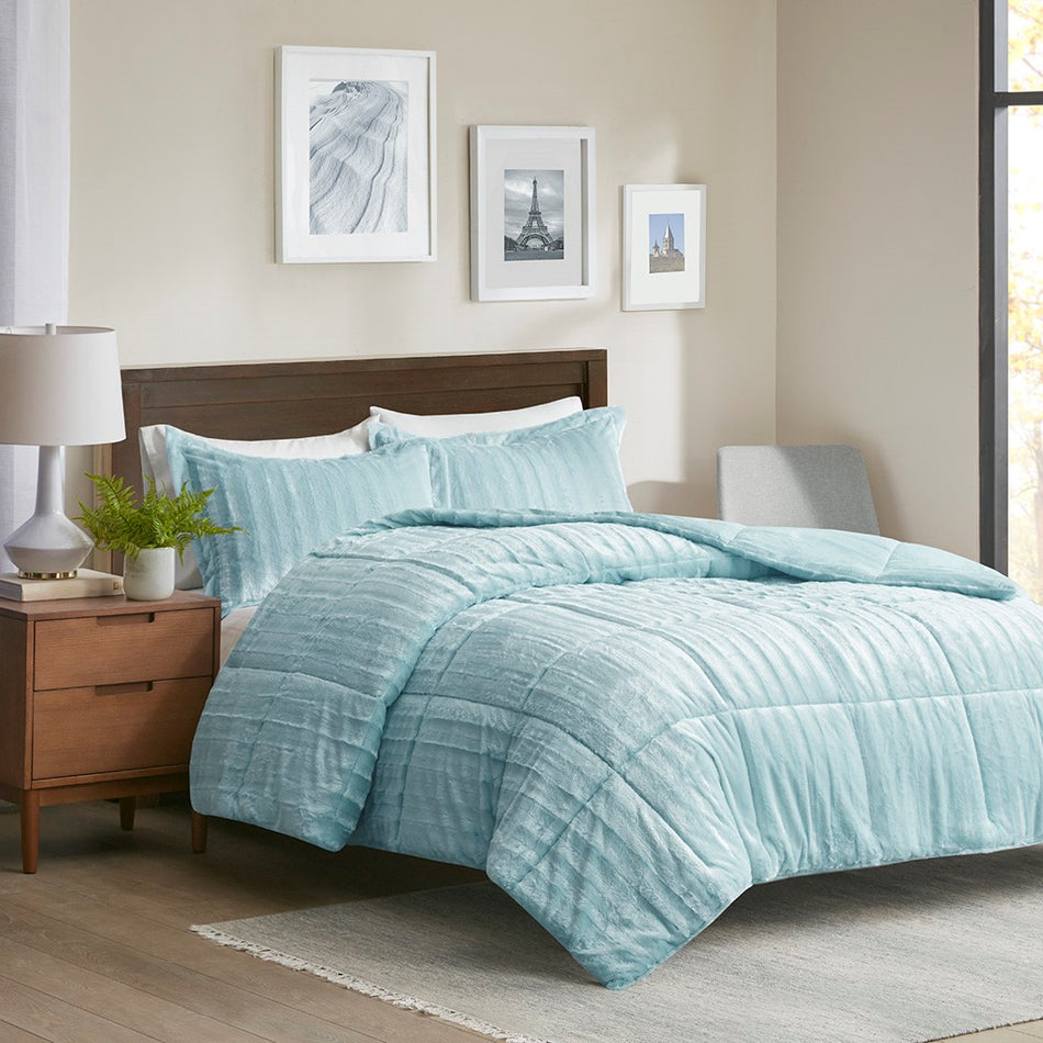 Duke Faux Fur Comforter Mini Set - Aqua - King Size / Cal King Size