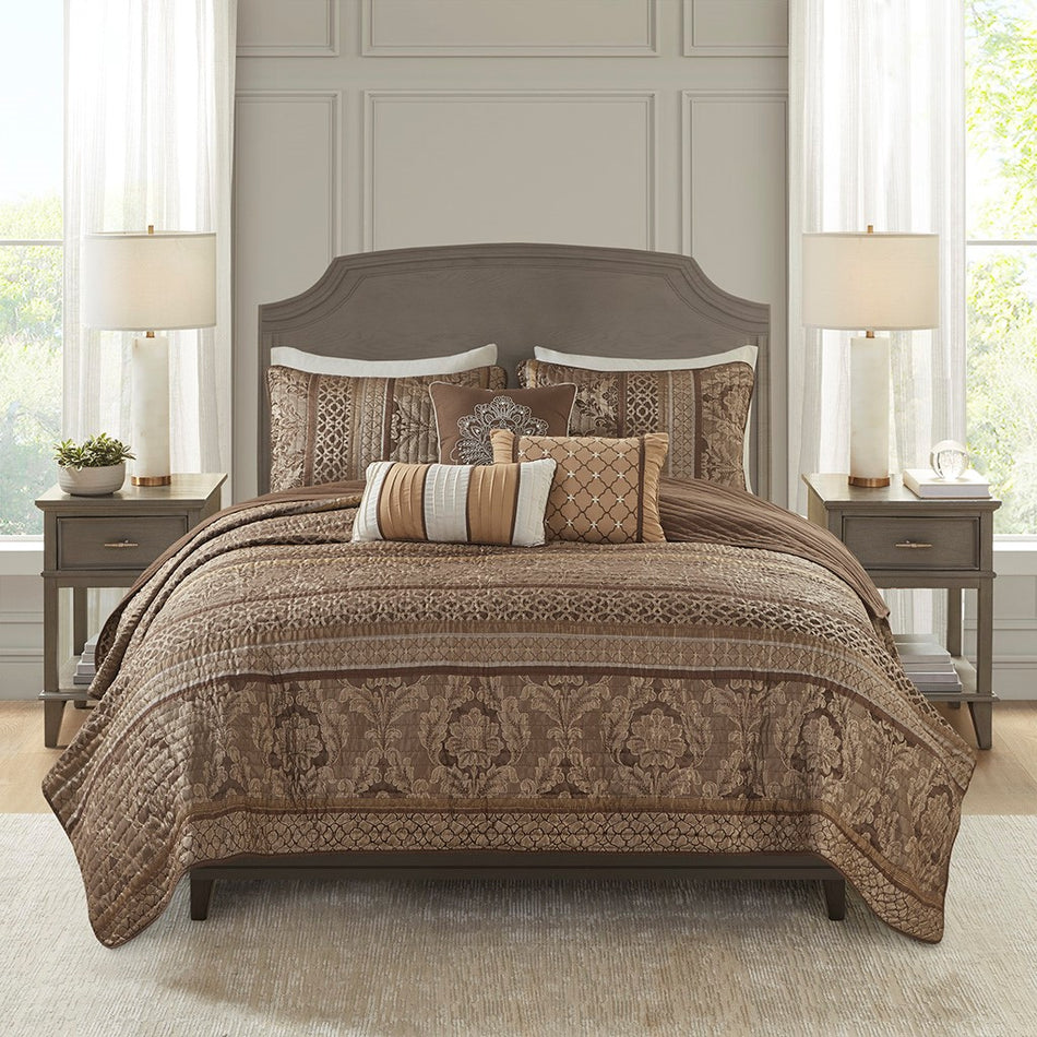 Bellagio 6 Piece Jacquard Quilt Set with Throw Pillows - Brown / Gold - Full Size / Queen Size