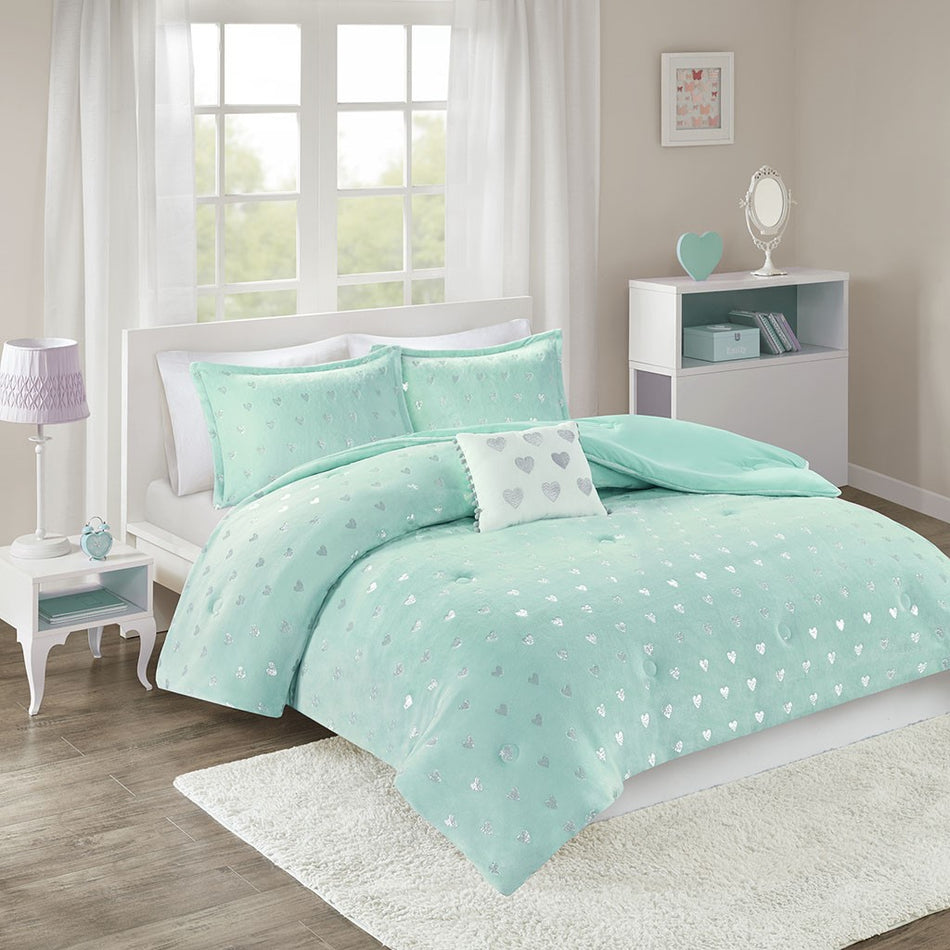 Rosalie Metallic Printed Plush Comforter Set - Aqua / Silver - Full Size / Queen Size