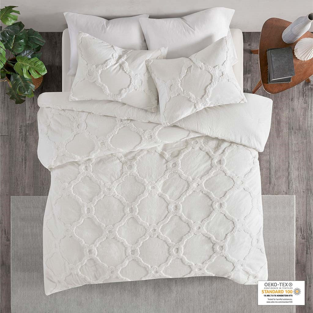 Madison Park Pacey 3 Piece Tufted Cotton Chenille Geometric Duvet Cover Set - Off White - King Size / Cal King Size