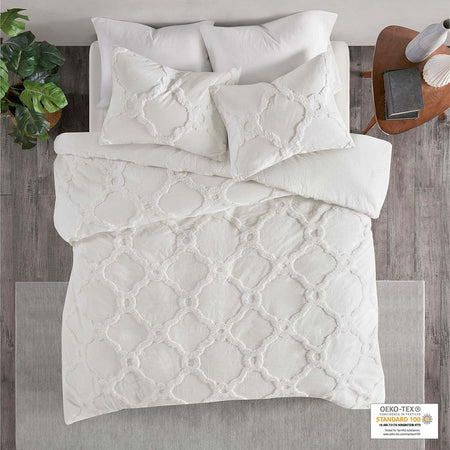Madison Park Pacey 3 Piece Tufted Cotton Chenille Geometric Duvet Cover Set - Off White - Full Size / Queen Size
