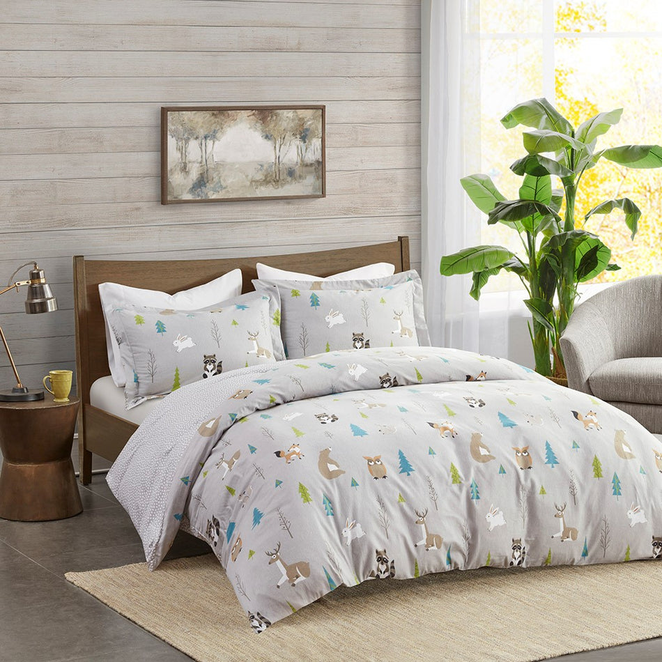 True North by Sleep Philosophy Cozy Flannel 100% Cotton Flannel Printed Duvet Set - Woodland Creatures - King Size / Cal King Size