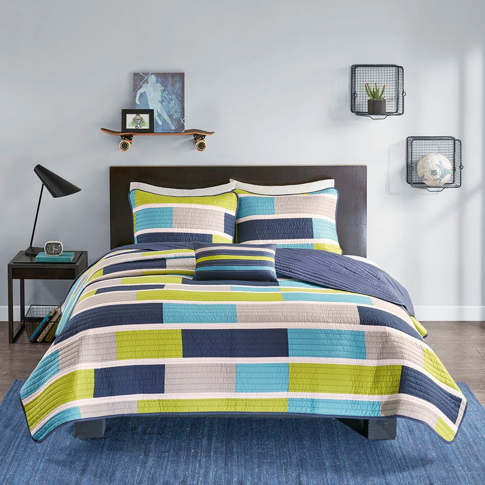 Bradley Reversible Quilt Set with Throw Pillow - Blue / Lime Green - Full Size / Queen Size