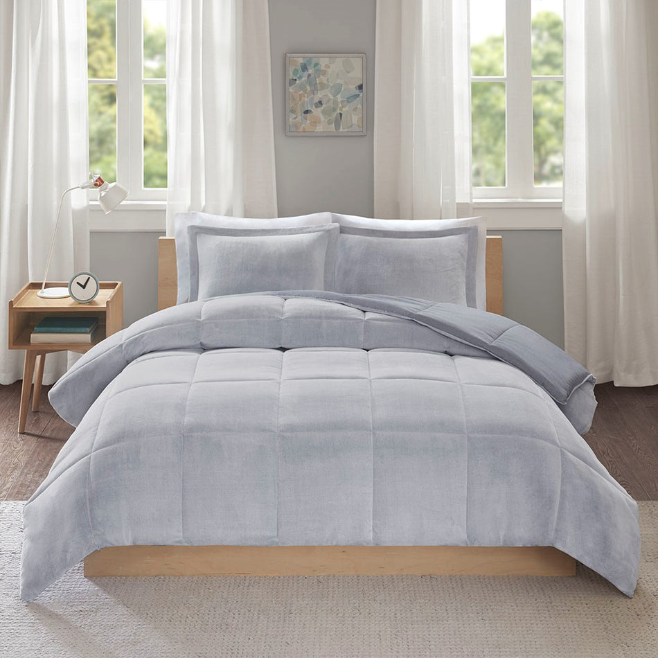 Carson Reversible Frosted Print Plush to Heathered Micofiber Comforter Set - Grey - Full Size / Queen Size