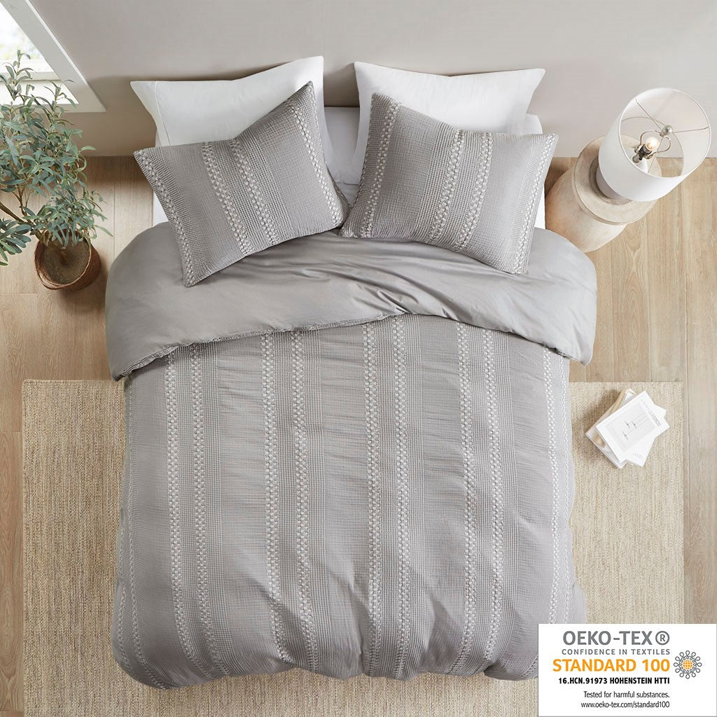 Urban Habitat Darby 3 Piece Cotton Gauze Waffle Weave Duvet Cover Set - Grey - Full Size / Queen Size