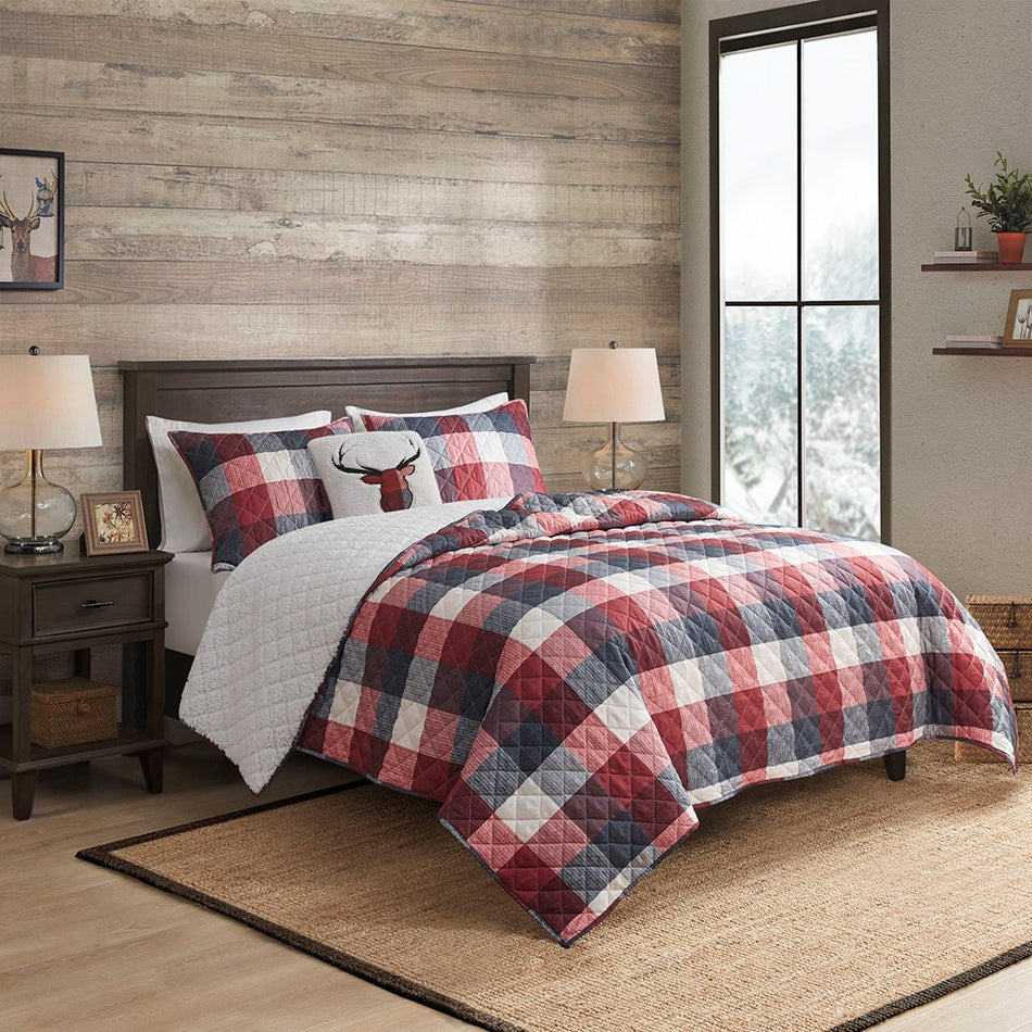 Pines Hill 4 Piece Printed Herringbone to Sherpa Reversible Coverlet Set - Red - Full Size / Queen Size