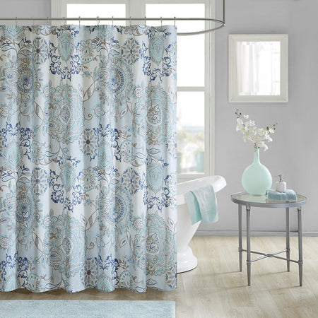 Madison Park Isla Printed Cotton Shower Curtain - Blue - 72x72"