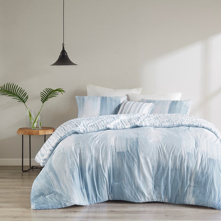 N Natori Brush Stroke 4 Piece Oversized Reversible Seersucker Comforter Set - Blue - Full Size / Queen Size