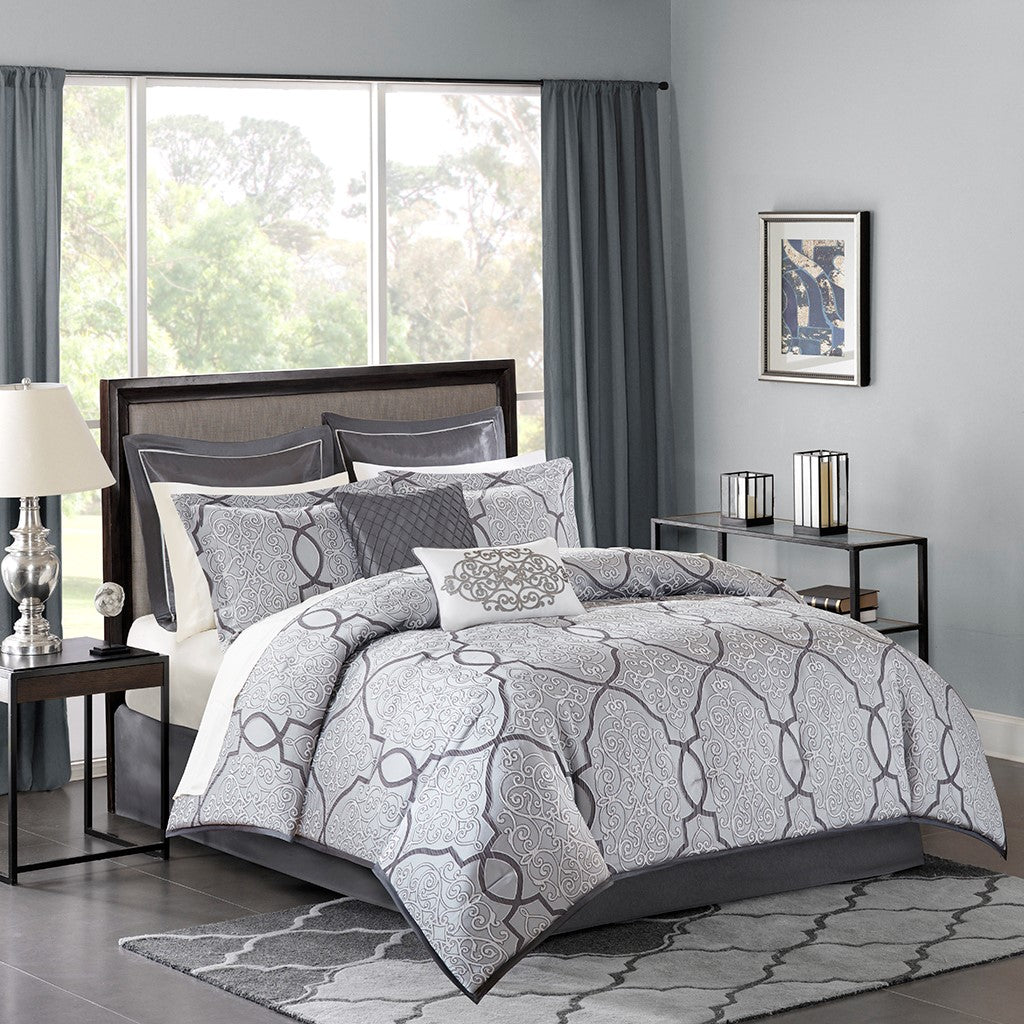 Madison Park Lavine 12 Piece Complete Bed Set - Silver - Cal King Size