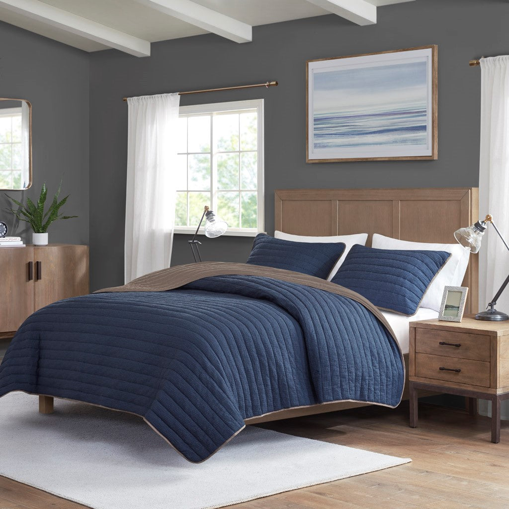 Madison Park Franklin 3 Piece Crinkled Microfiber Quilt Set
 - Navy - Full/Queen - MP13-8153