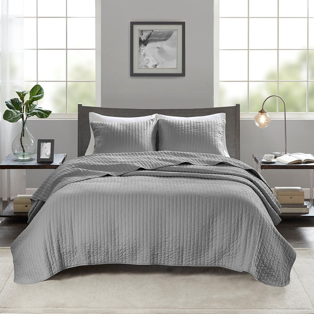 Madison Park Keaton 3 Piece Quilt Set - Grey  - King Size / Cal King Size Shop Online & Save - ExpressHomeDirect.com