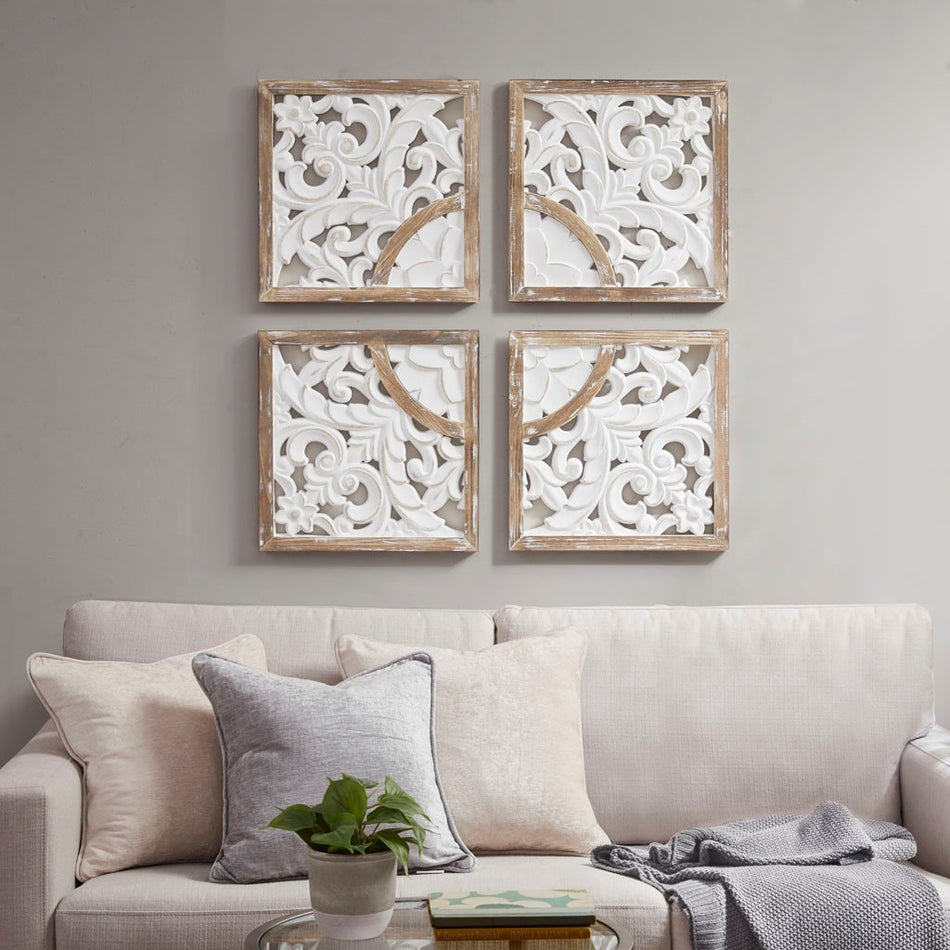 Madison Park Arwen Medallion Wood Wall Decor 4 Piece Set - Natural / White 