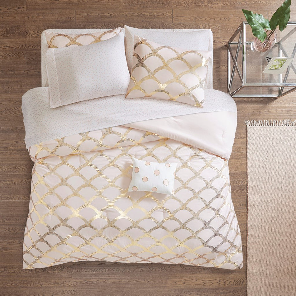 Lorna Metallic Comforter Set with Bed Sheets - Blush - Full Size