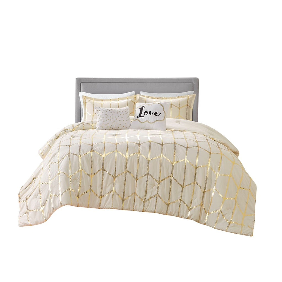 Raina Metallic Printed Comforter Set - Ivory / Gold - Full Size / Queen Size