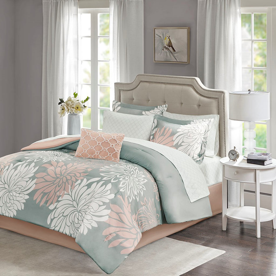Madison Park Essentials Maible 7 Piece Comforter Set with Cotton Bed Sheets - Blush / Grey - Twin Size