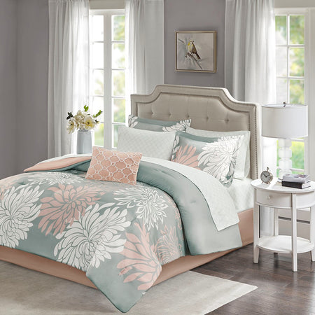Madison Park Essentials Maible 9 Piece Comforter Set with Cotton Bed Sheets - Blush / Grey - King Size