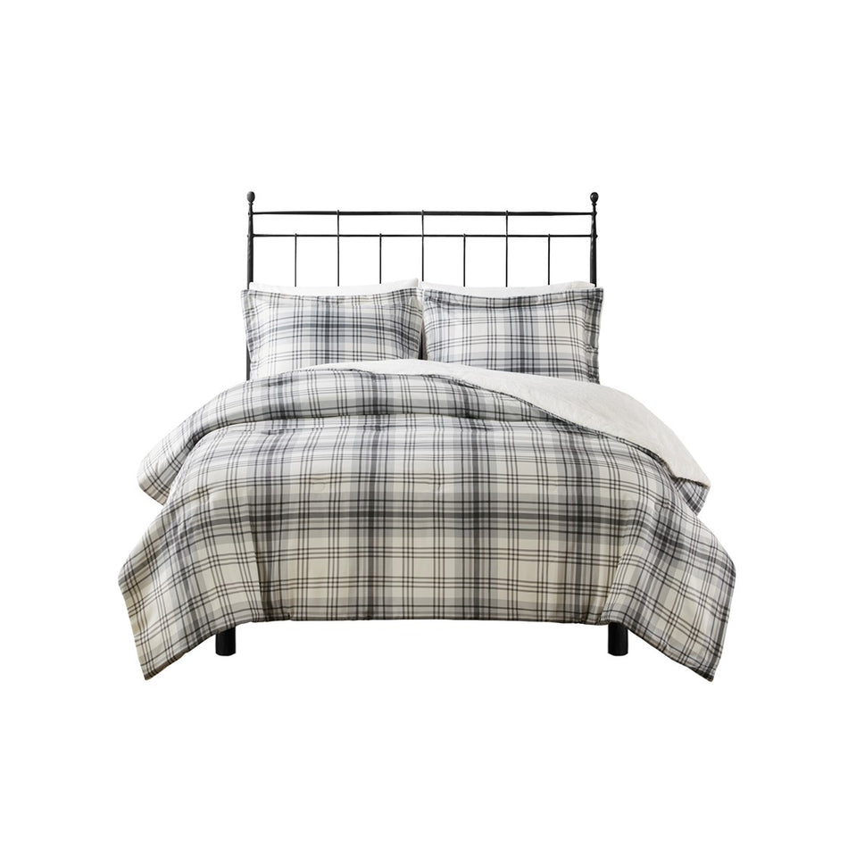 Bernston Faux Wool to Faux Fur Down Alternative Comforter Set - Gray Plaid - Full Size / Queen Size