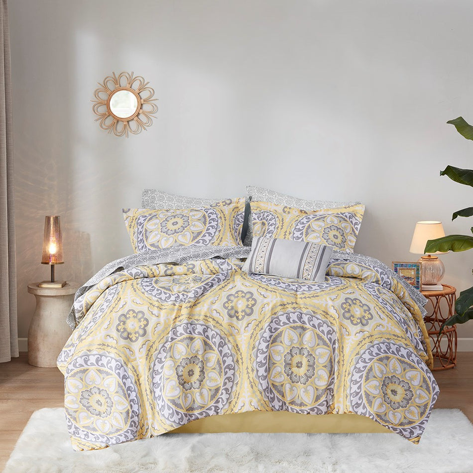 Serenity 9 Piece Comforter Set with Cotton Bed Sheets - Yellow - King Size