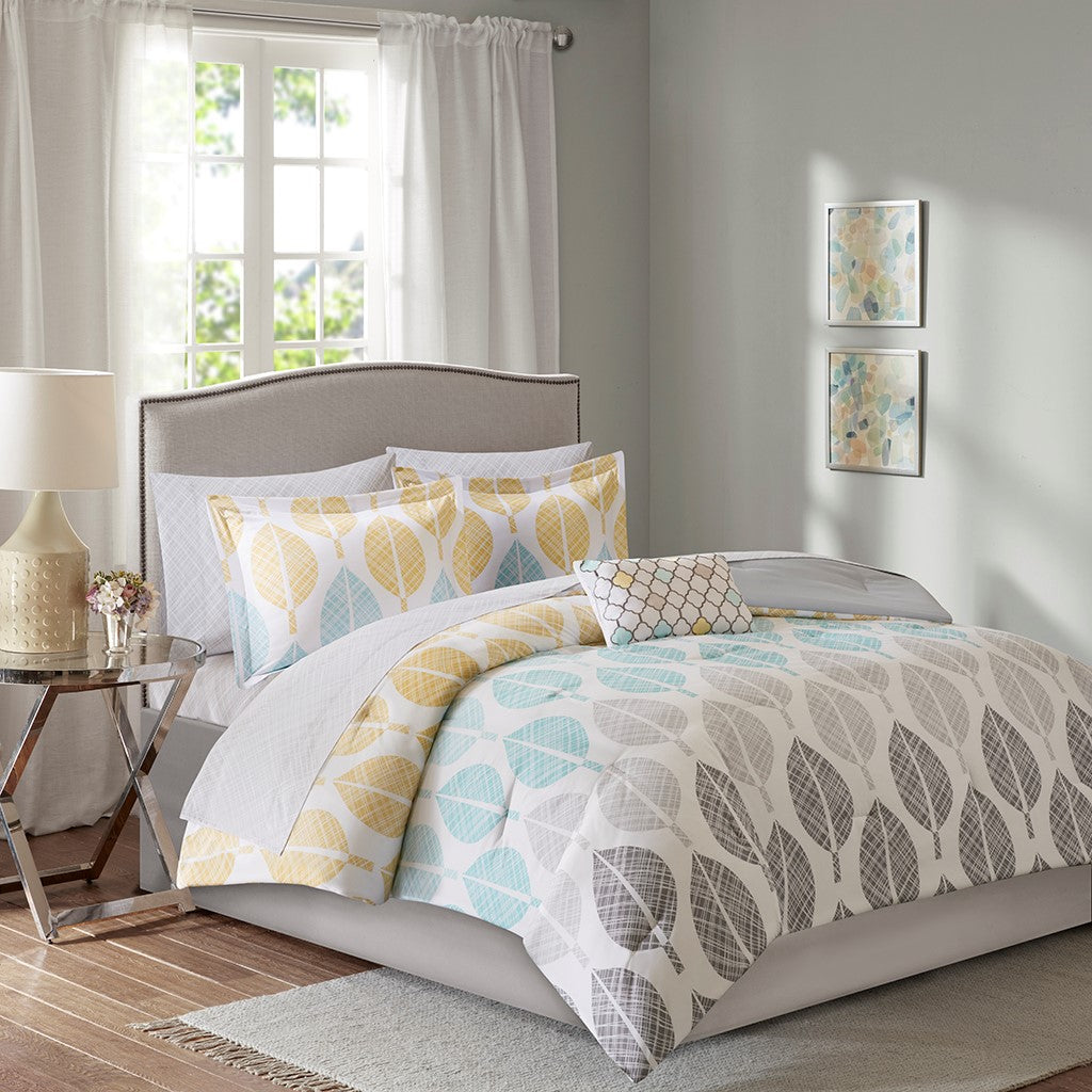 Madison Park Essentials Central Park 9 Piece Comforter Set with Cotton Bed Sheets - Yellow / Aqua - Full Size