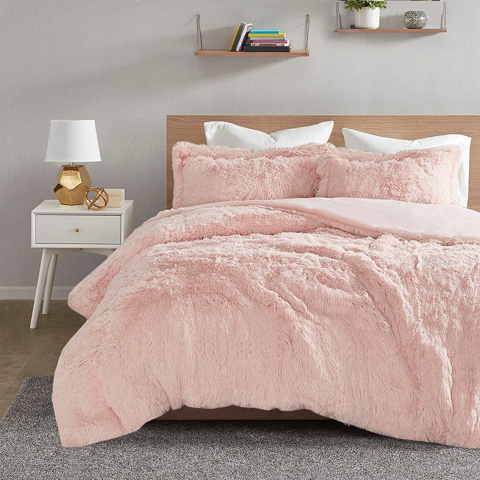 Malea Shaggy Fur Duvet Cover Set - Blush - King Size