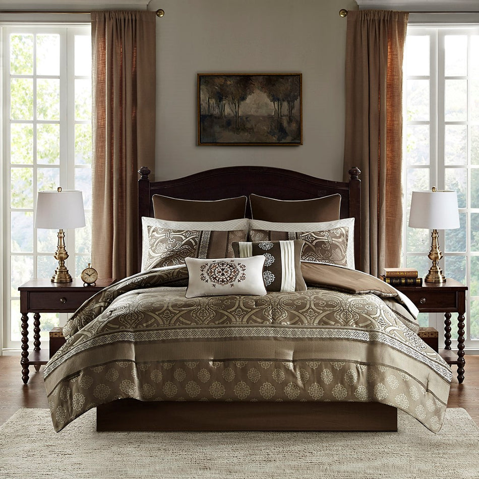 Zara 16 Piece Jacquard Comforter Set with 2 Bed Sheet Sets - Brown - Queen Size