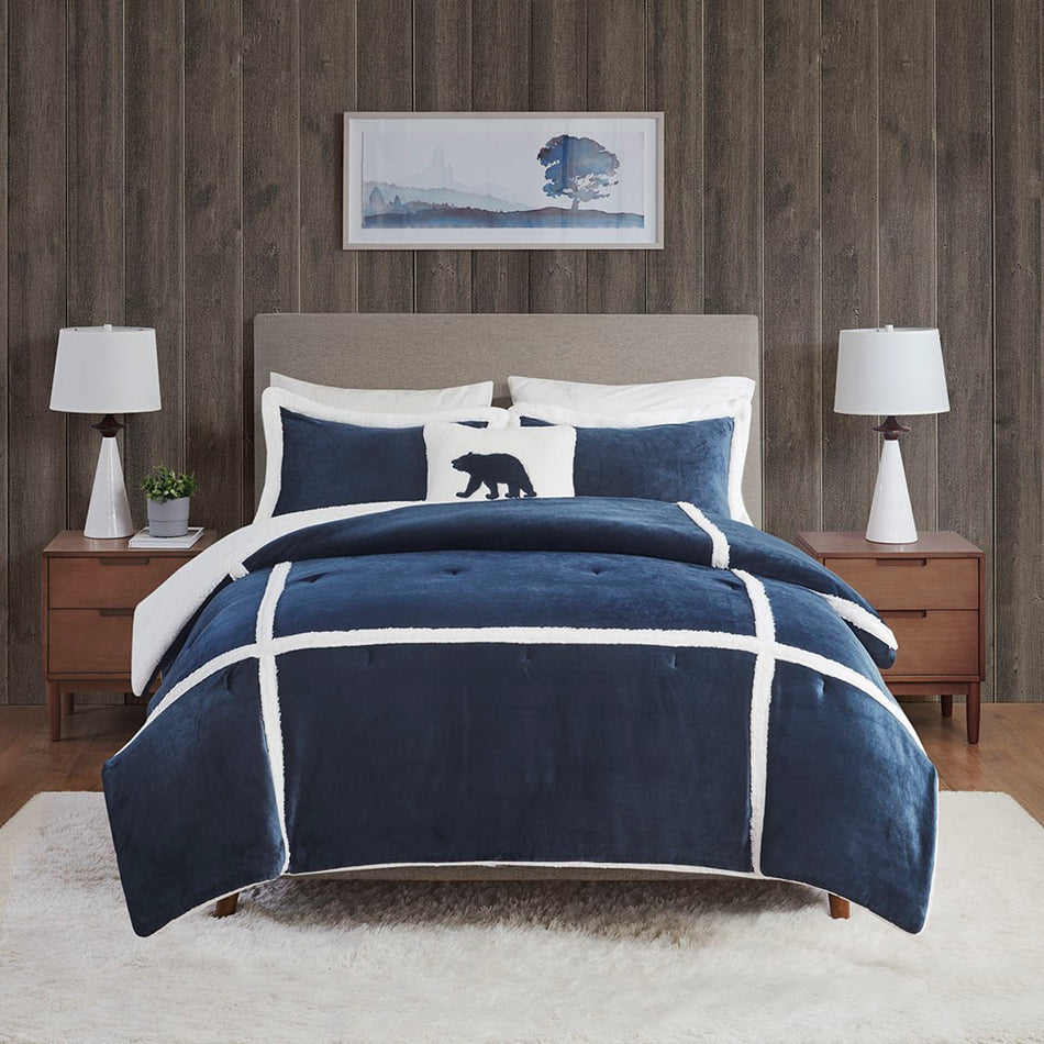 Orlen Plush to Sherpa Comforter Set - Navy - King Size