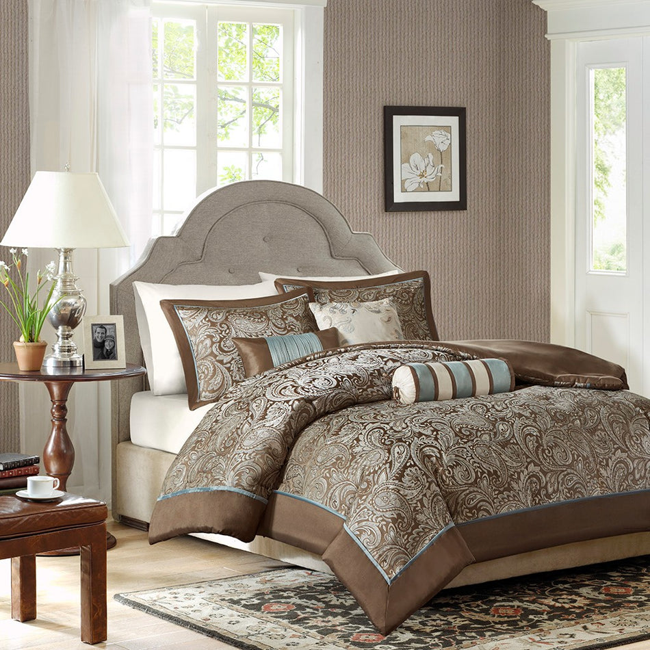 Madison Park Aubrey 6 Piece Duvet Cover Set - Blue / Brown - Full Size / Queen Size