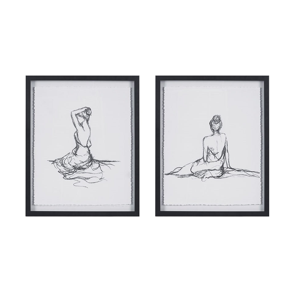 Feminine Figures Deckle Edge Sketch 2 Piece Framed Wall Art Set - Black / White
