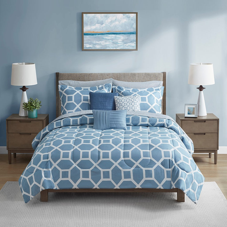 Beautyrest Nora 10 Piece Geometric Comforter Set with Bed Sheets - Blue - Queen Size