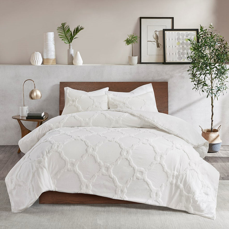 Pacey 3 Piece Tufted Cotton Chenille Geometric Duvet Cover Set - Off White - Full Size / Queen Size