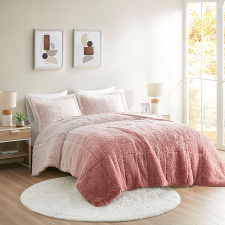 Intelligent Design Brielle Ombre Shaggy Long Fur Comforter Mini Set - Blush - King Size / Cal King Size