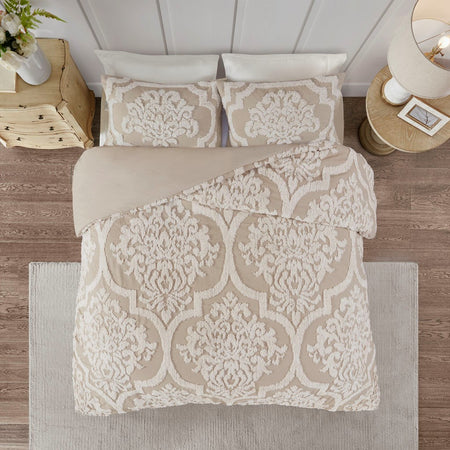 Madison Park Viola 3 piece Tufted Cotton Chenille Damask Duvet Cover Set - Taupe - King Size / Cal King Size