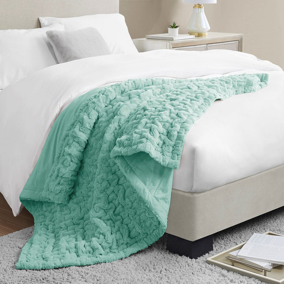 Ruched Fur Throw - Aqua - 50x60"