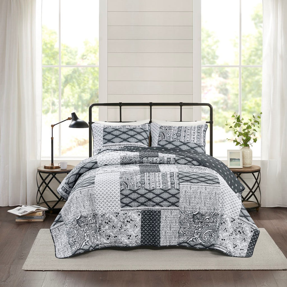 Madison Park Cassel 3 Piece Reversible Microfiber Quilt Set - Black  - Full Size / Queen Size Shop Online & Save - ExpressHomeDirect.com