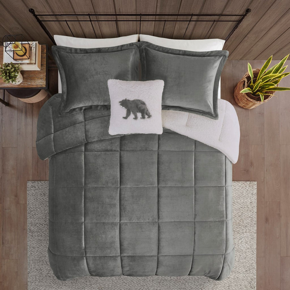 Alton Plush to Sherpa Down Alternative Comforter Set - Charcoal / Ivory - Twin Size