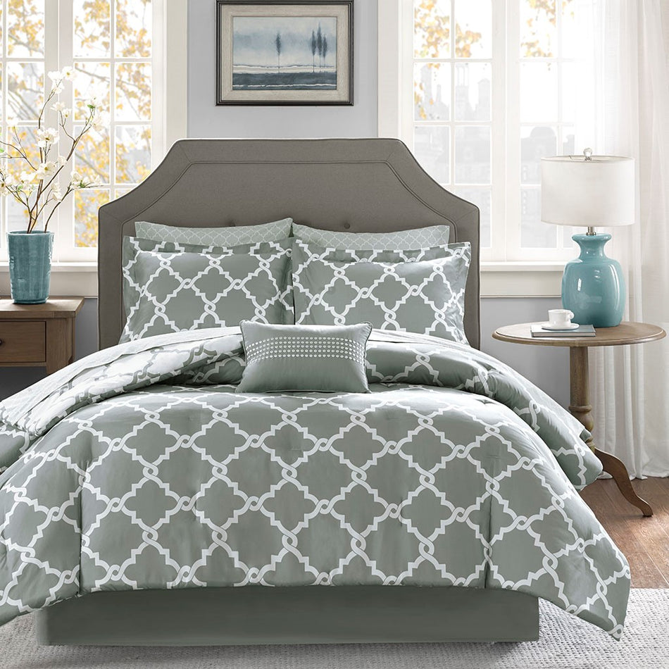 Madison Park Essentials Merritt 7 Piece Comforter Set with Cotton Bed Sheets - Grey  - Twin XL Size Shop Online & Save - ExpressHomeDirect.com