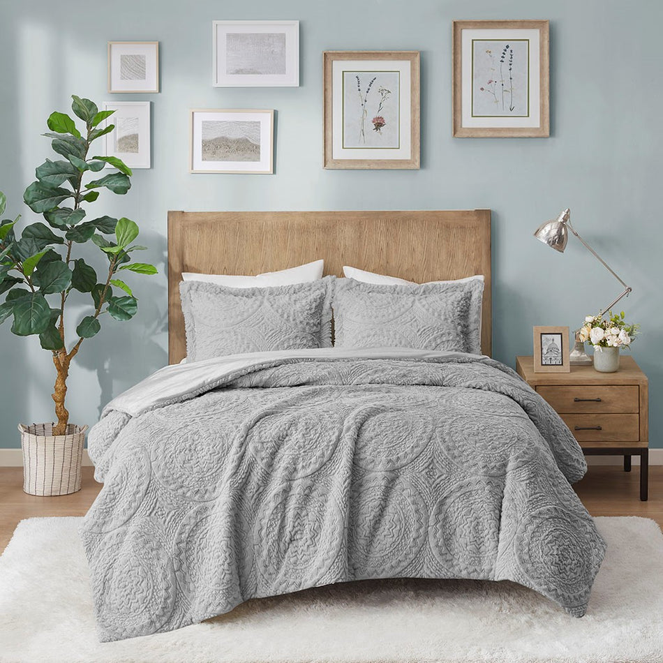 Arya Embroidered Medallion Faux Fur Ultra Plush Comforter Mini Set - Grey - Full Size / Queen Size