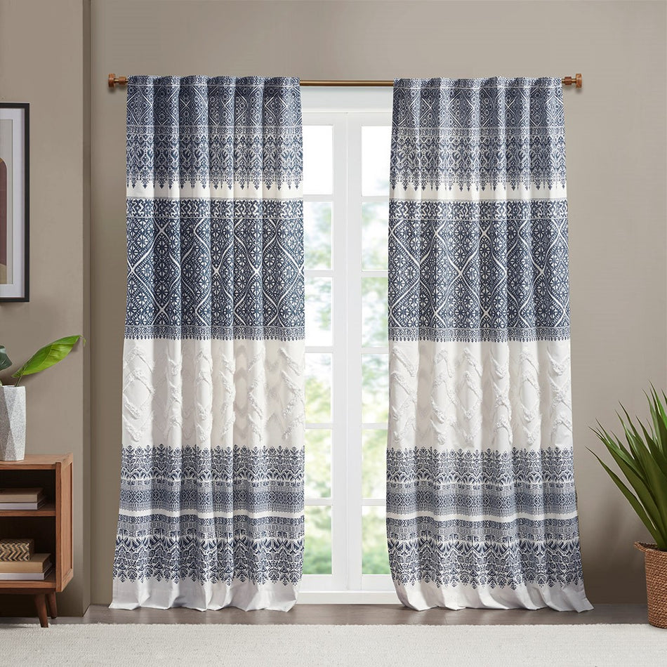 INK+IVY Mila Cotton Printed Window Panel with Chenille detail and Lining - Navy - 84" Panel