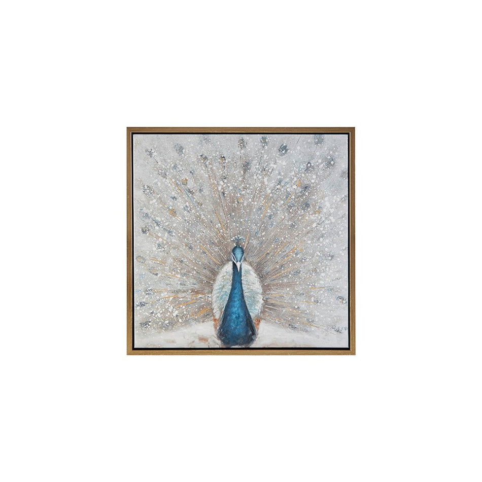 Gilded Peacock Framed Canvas with Gold Foil and Hand Embellishment - Blue / Neutral