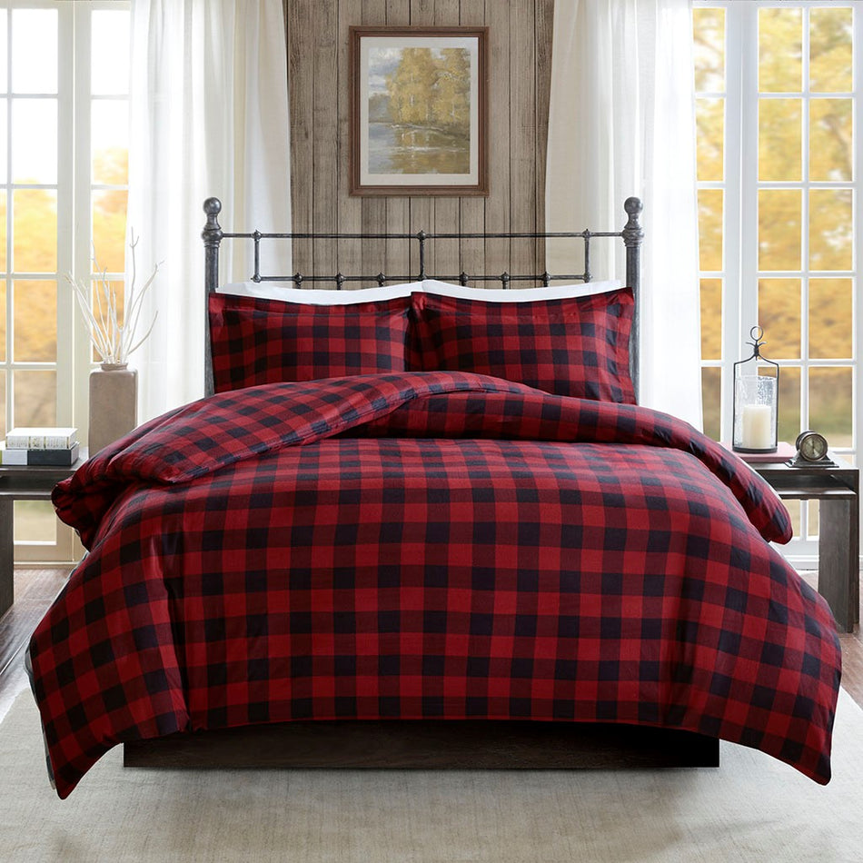 Flannel Check Print Cotton Duvet Cover Set - Black / Red - King Size / Cal King Size