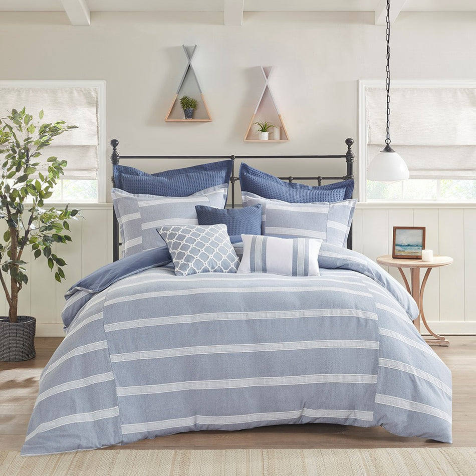 Noble 8 Piece Cotton Oversized Comforter Set - Blue - Queen Size