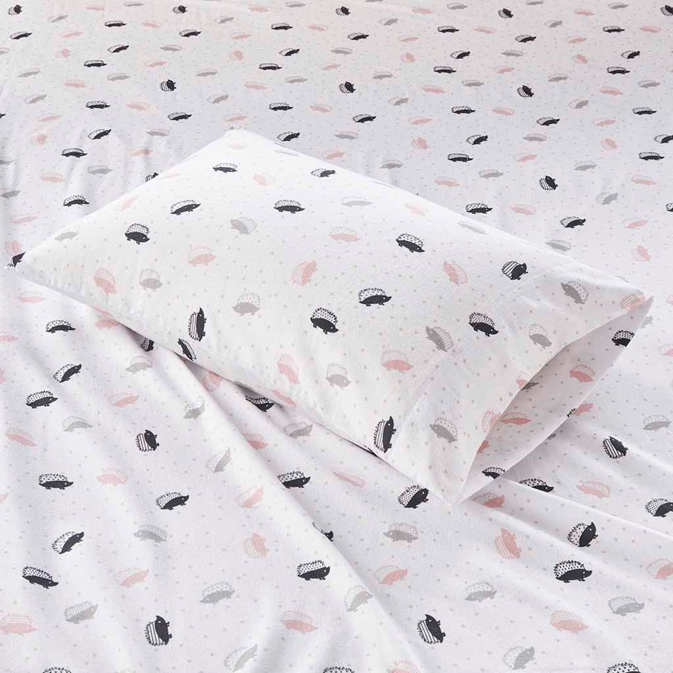 Cozy Soft Cotton Flannel Printed Sheet Set - Pink / Grey Hedgehogs - Queen Size