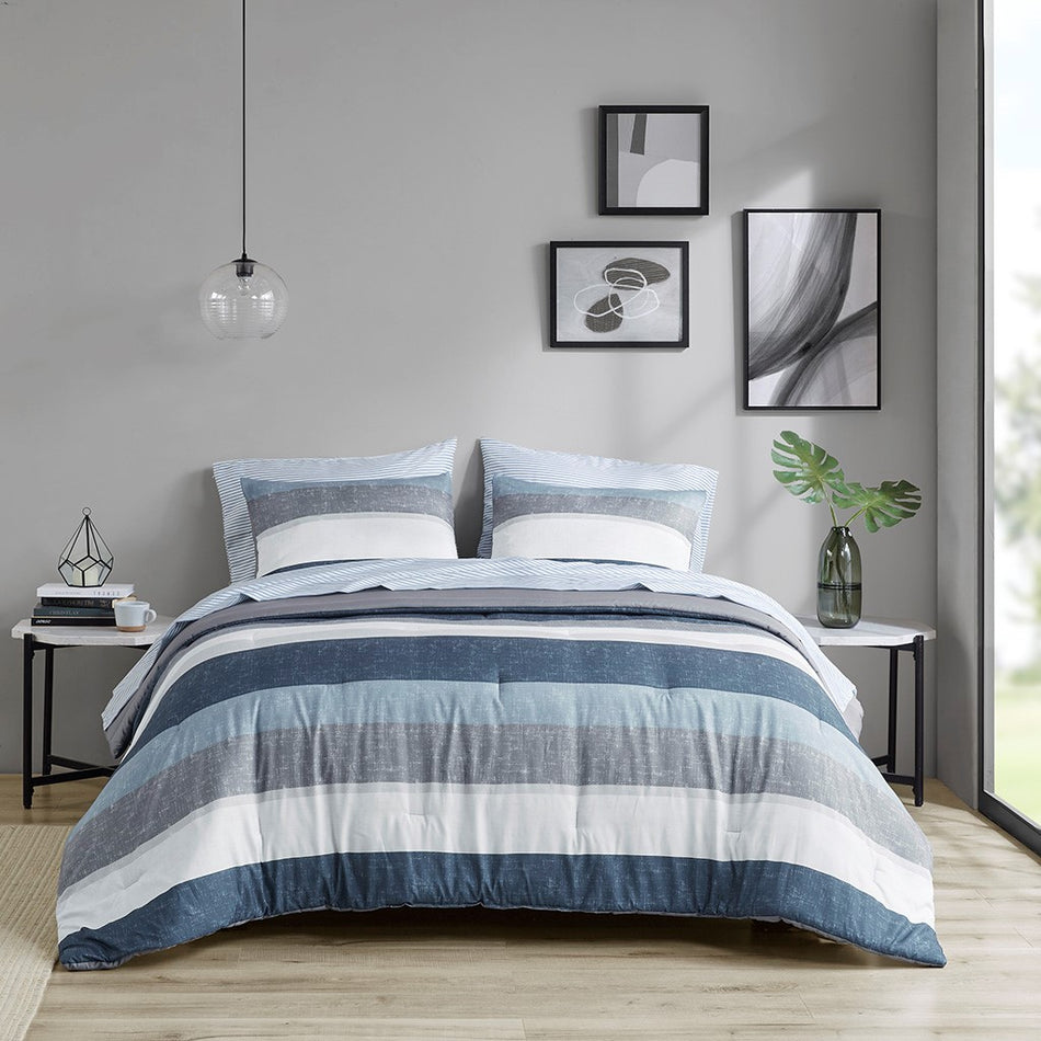 Jaxon Comforter Set with Bed Sheets - Blue / Grey - Queen Size