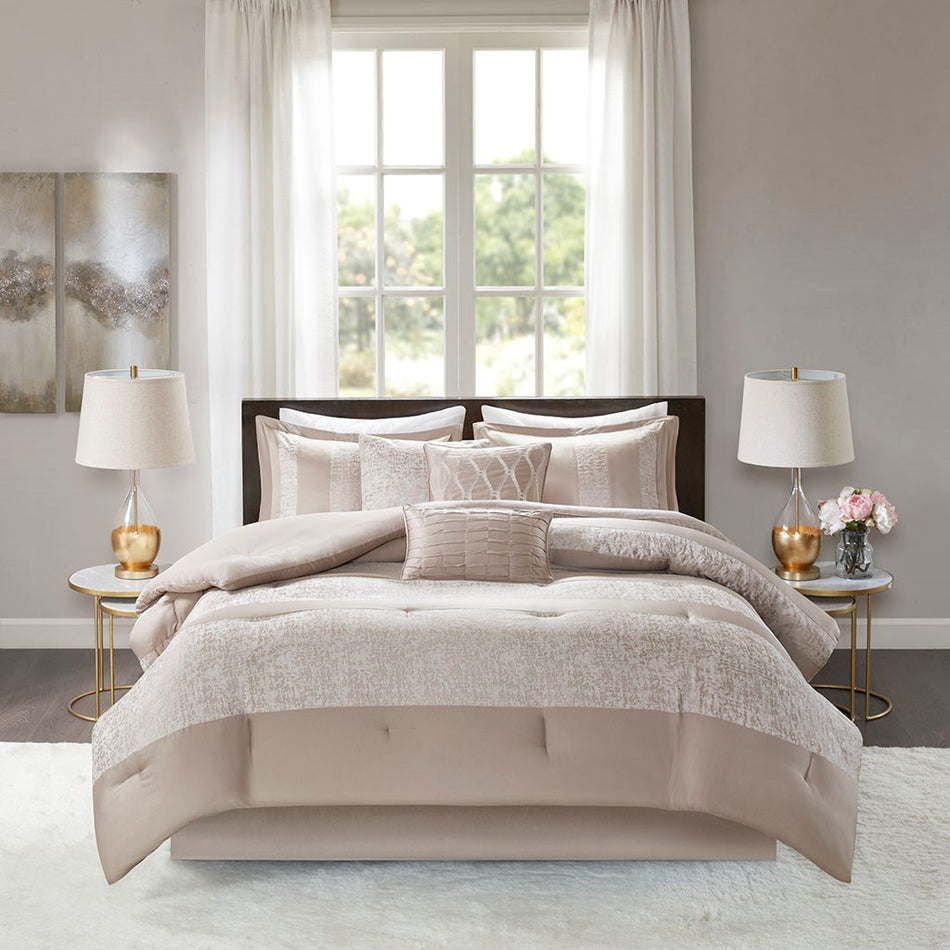 Ava 7 Piece Chenille Jacquard Comforter Set - Taupe - King Size