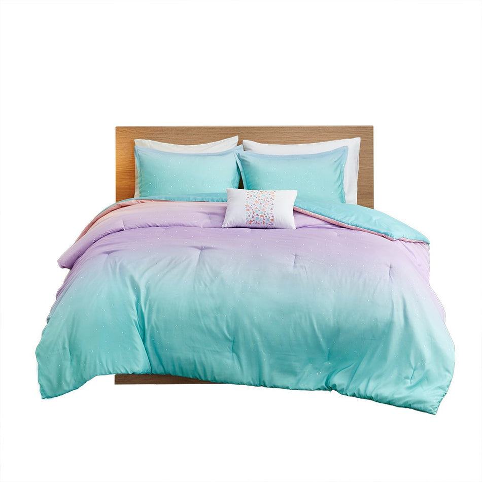 Glimmer Metallic Glitter Printed Reversible Comforter Set - Aqua - Twin Size / Twin XL Size