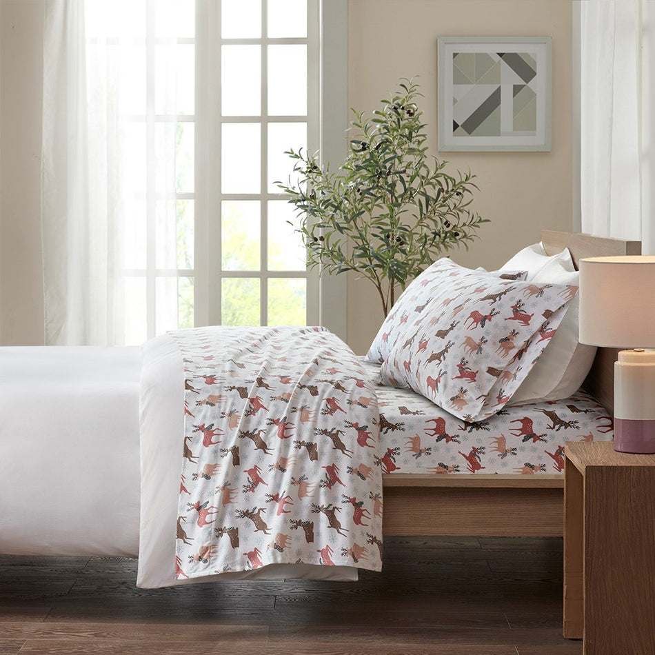 True North by Sleep Philosophy Cozy Cotton Flannel Printed Sheet Set - Reindeer - Twin Size