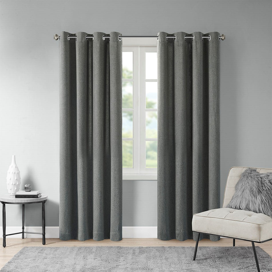 Madison Park Englewood Solid Piece Dyed Grommet Top Window Panel - Charcoal - 50x95"