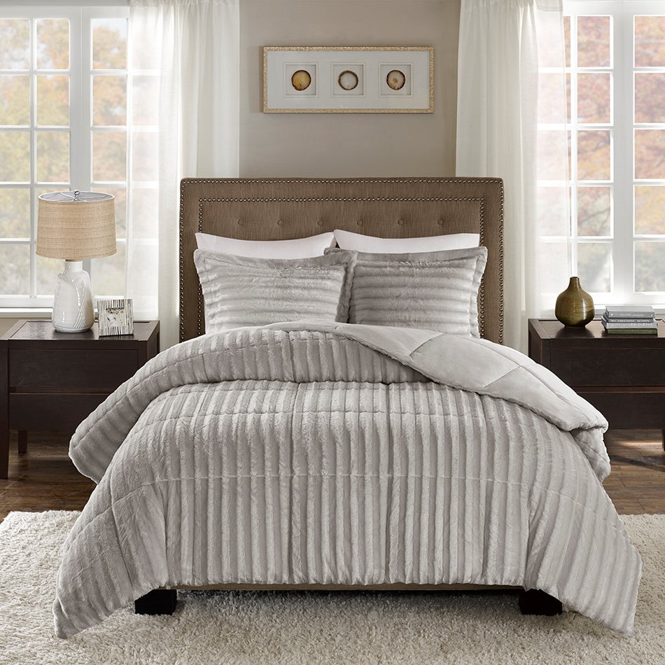 Duke Faux Fur Comforter Mini Set - Grey - Full Size / Queen Size